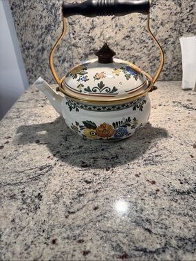 Floral Ceramic Teapot with Gold Accent - White with Green, Orange & Blue